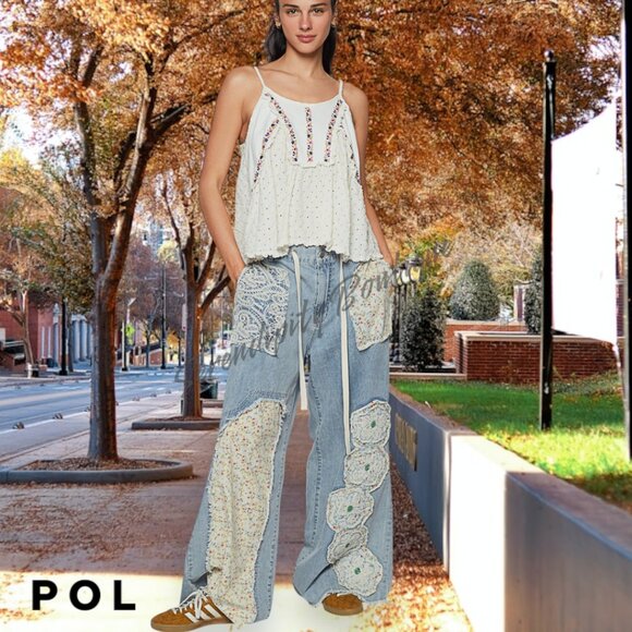 POL Super Baggy Floral Lace Patchwork Faded Oversized Wide Leg Baggy Denim Jeans - Picture 6 of 9